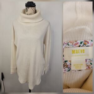 Maeve Ainsley Thermal Tunic Top Sz M Waffle Knit Turtleneck White OB1008288